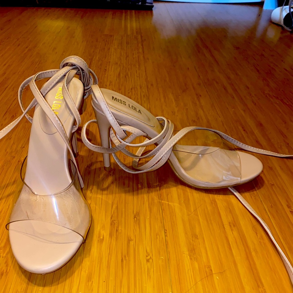 Lace Up Nude Heels with Clear Strap